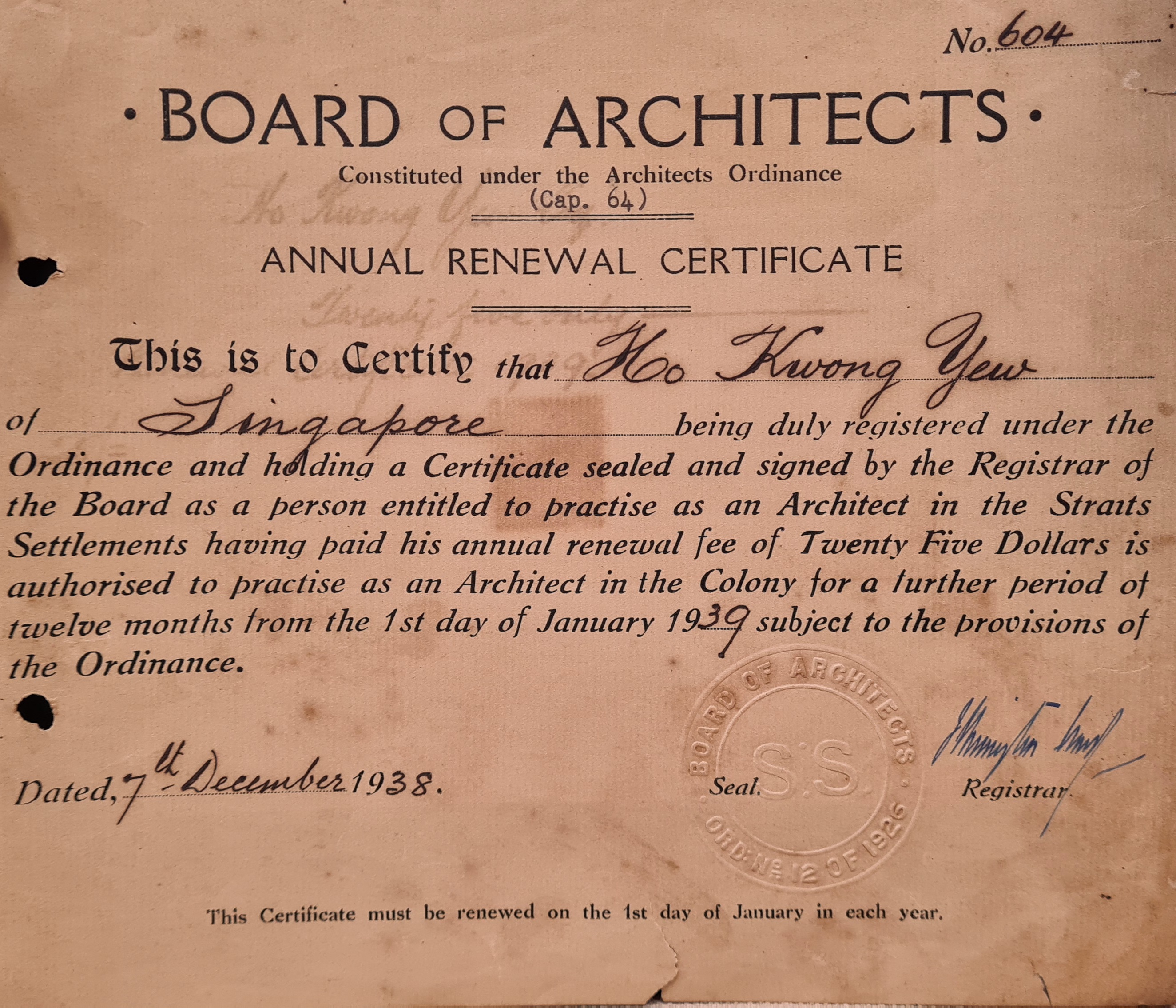 Board of Architects annual renewal certificate of the first local-born registered architect in Singapore, Ho Kwong Yew, 1938. Donated by Kelvin Ang Kah Eng, courtesy of NLB.